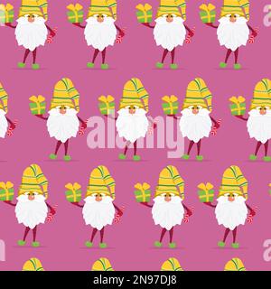 Gnomes divertenti con i regali modello senza cuciture. Gnomes allegro in cappelli vettore caratteri stile piatto Illustrazione Vettoriale