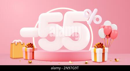 55% di sconto. Sconto composizione creativa. Simbolo di vendita con oggetti decorativi, palloncini, confetti dorati, podio e confezione regalo. Banner e poster di vendita. Illustrazione vettoriale. Illustrazione Vettoriale