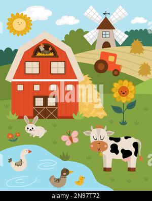 Illustrazione orizzontale di una fattoria vettoriale. Villaggio rurale scena con animali, fienile, trattore. Cute primavera o estate sfondo natura con stagno, prato, mucca. C Illustrazione Vettoriale