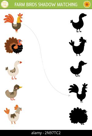 Attività di corrispondenza ombra fattoria con gli uccelli. Paese puzzle villaggio con carino gallina, gallo, oca, anatra, tacchino. Trovare la corretta silhouette stampabile Worksh Illustrazione Vettoriale