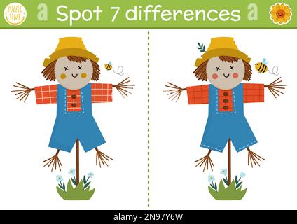 Trova gioco differenze per i bambini. Sulla fattoria attività educativa con carino scarecrow. Farm puzzle per bambini con personaggio divertente ragazzo. Villaggio rurale Illustrazione Vettoriale