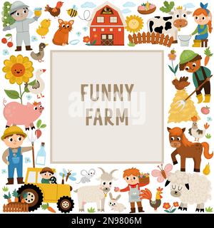 Telaio quadrato di fattoria vettoriale con gli agricoltori e gli animali. Modello di scheda paese rurale o design del mercato locale per striscioni, inviti. Carino illus di campagna Illustrazione Vettoriale