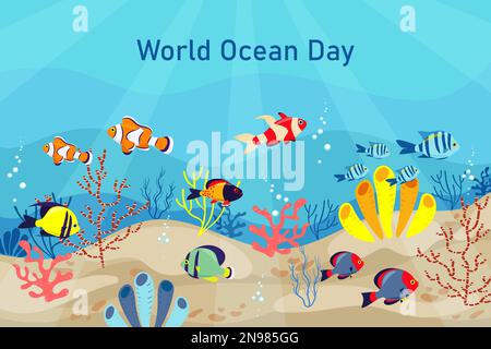 World Ocean Day Vector banner stile piatto, pesci di mare esotici e coralli. Vita subacquea. Illustrazione Vettoriale