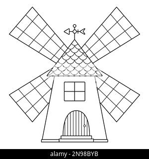 Icona vettoriale in bianco e nero del mulino isolato su sfondo bianco. Illustrazione del mulino a vento lineare. Carino contorno casa fattoria per macinare grano. Gard rurale Illustrazione Vettoriale