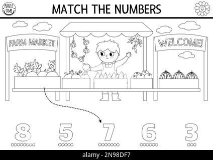 Abbina il gioco in bianco e nero di Numbers Farm al fornitore del mercato agricolo. Campagna di attività matematica per bambini prescolare. Sulla fattoria didattica stampabile Illustrazione Vettoriale
