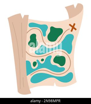 Icona mappa isola del tesoro vettore. Illustrazione del piano pirata. Guida piatta colorata caccia ai gioielli. Carta vecchia via mare isolata su sfondo bianco. Illustrazione Vettoriale