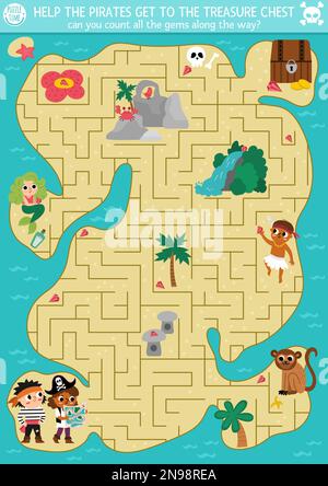 Labirinto di pirati per bambini con isola del tesoro tropicale e simpatici pirati per bambini. Caccia al tesoro attività stampabile prescolare. Avventura mare labirinto gioco o. Illustrazione Vettoriale