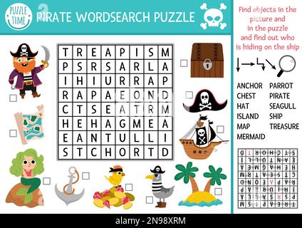 Vettore pirata parola di ricerca puzzle per bambini. Semplice quiz di ricerca per le parole dell'isola del tesoro per i bambini. Avventure in mare attività educativa con nave, pappagallo Illustrazione Vettoriale