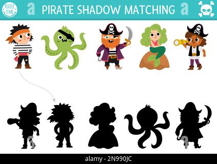 Attività di corrispondenza delle ombre dei pirati. Puzzle di caccia al tesoro isola con carini pirati, sirena, polpo. Trova il foglio di lavoro o il gioco corretto stampabile della silhouette. Illustrazione Vettoriale