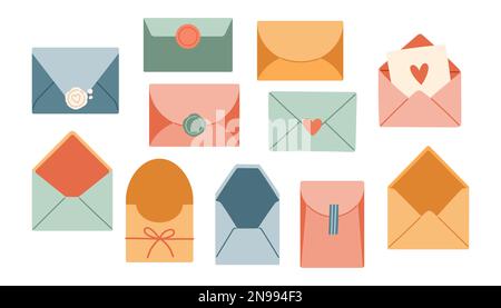 Set di buste. Buste isolate disegnate a mano. Collezione primavera moderna. Illustrazioni vettoriali per il Web e la stampa. Illustrazione Vettoriale