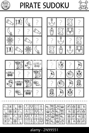 Nero e bianco vettore pirata sudoku puzzle per bambini con immagini. Semplice linea tesoro isola quiz con risposta. Attività didattica o pagina da colorare. Illustrazione Vettoriale