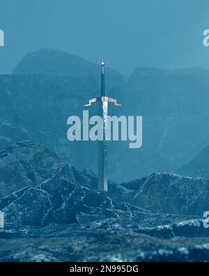 3d fare una spada nella pietra con un fondo surreale Foto Stock