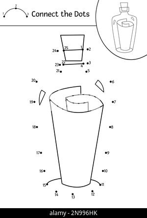 Attività vettoriale da punto a punto e colore con bottiglia pirata con lettera all'interno. Treasure Island collegare il gioco punti. Pagina da colorare avventure in mare per ki Illustrazione Vettoriale