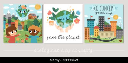 Set ambientazioni ecologiche vettoriali. Piazza paesaggi ecologici della città con trasporto alternativo, concetto di energia. Illustrazioni verdi della città. Giornata della terra o Europa Illustrazione Vettoriale