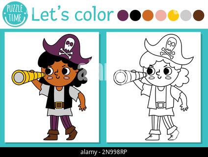 Pagina da colorare pirata per bambini con ragazza pirata in cerca di telescopio. Illustrazione vettoriale dell'isola del tesoro. Libro a colori per bambini con colorato Illustrazione Vettoriale