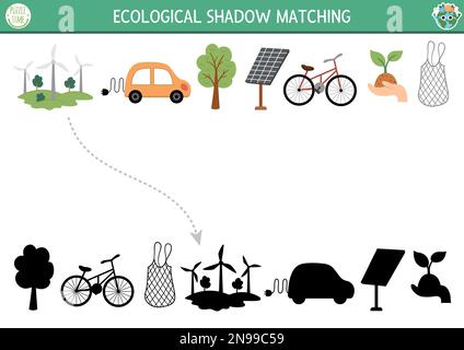 L'attività di corrispondenza delle ombre ecologiche con le fonti di energia alternative e i trasporti. Puzzle giorno di terra. Trova il foglio di lavoro o il ga corretto per la stampa della silhouette Illustrazione Vettoriale