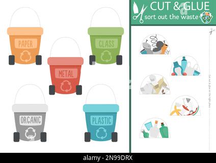 Taglio ecologico vettoriale e attività di colla. Gioco di creazione con contenitori di rifiuti. Divertente foglio di lavoro stampabile per i bambini. Trova il pezzo giusto del puzz Illustrazione Vettoriale