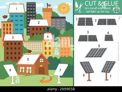 Taglio ecologico vettoriale e attività di colla. Gioco di artigianato con la terra amichevole città. Divertente foglio di lavoro stampabile per i bambini. Trovare il pezzo giusto del puzzle, Illustrazione Vettoriale