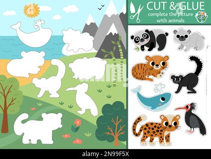 Taglio ecologico vettoriale e attività di colla. Creazione di gioco con scena natura e animali in pericolo. Divertente foglio di lavoro stampabile. Trova il pezzo giusto del puzz Illustrazione Vettoriale