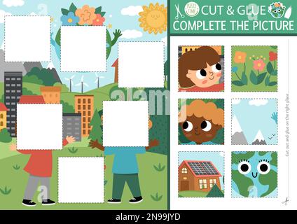 Taglio ecologico vettoriale e attività di colla. Earth Day Crafting gioco con i bambini carini e sorridente pianeta. Foglio di lavoro stampabile Eco Awareness. Trova la soluzione giusta Illustrazione Vettoriale