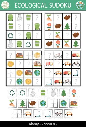 Puzzle sudoku ecologico vettore per bambini con immagini. Semplice quiz Earth Day con elementi tagliati e incollati. Attività di educazione alla consapevolezza ecologica con zero w Illustrazione Vettoriale
