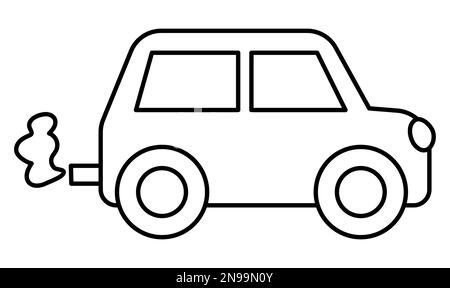 L'auto in bianco e nero emette gas di scarico. Concetto tradizionale di trasporto di linea. Automobile con illustrazione del tubo di scarico isolato su sfondo bianco Illustrazione Vettoriale