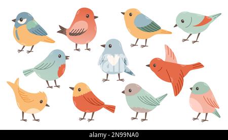 Set di uccelli primaverili. Illustrazione vettoriale dei cartoni animati in stile infantile. Uccelli diversi. Le immagini sono isolate in bianco. Illustrazione Vettoriale