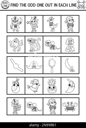 Bianco e nero trovare il dispari uno fuori. Attività di linea logica pirata per i bambini. Foglio di lavoro del quiz educativo dell'isola del tesoro per i bambini per lo sci di attenzione Illustrazione Vettoriale