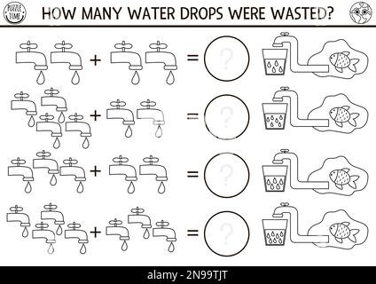 Quante gocce bianco e nero gioco con tap. Attività di matematica ecologica per bambini in età prescolare. Semplice colore di conteggio stampabile eco Earth Day Illustrazione Vettoriale