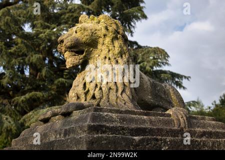 HANMER, CLWYD, GALLES - LUGLIO 10 : Leone di pietra all'ingresso della Chiesa di St.Chads ad Hanmer, Galles il 10 Luglio 2021 Foto Stock