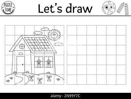 Disegnare la casa. Completare l'immagine. Foglio di lavoro per la pratica del disegno ecologico vettoriale. Attività stampabile in bianco e nero per bambini con una casa carina. Eco aw Illustrazione Vettoriale