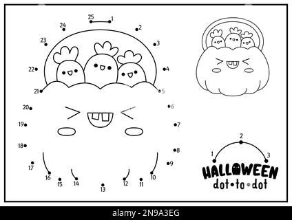 Vettore Halloween dot-to-dot e attività di colore con carino kawaii sacchetto di zucca e dolci. Vacanze autunnali collegare il gioco dots per i bambini. Tutti i santi Illustrazione Vettoriale