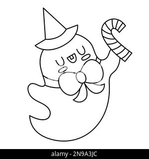 Fantasma Kawaii vettoriale in bianco e nero in cappello, arco. Carino Halloween linea personaggio per i bambini. Autunno divertente tutti i santi illustrazione giorno con spook. Samhain Illustrazione Vettoriale