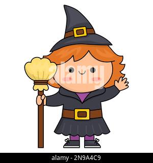 Vettore kawaii strega. Carino sorridente Halloween personaggio per i bambini. Divertente autunno tutti i santi giorno illustrazione cartoon con ragazza in alto cappello con bastone Illustrazione Vettoriale