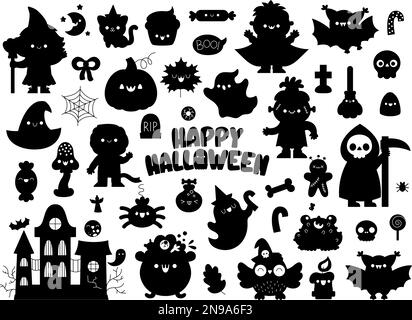 Set di silhouette Vector Halloween. Tradizionale trucco o trattare partito nero e bianco clipart. Collezione di ombre spaventose con lanterna di zucca, strega, fantasma, Illustrazione Vettoriale