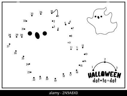 Vettore Halloween dot-to-dot e attività di colore con carino fantasma kawaii. Vacanze autunnali collegare il gioco dots per i bambini con divertente spook. Tutti i santi Illustrazione Vettoriale