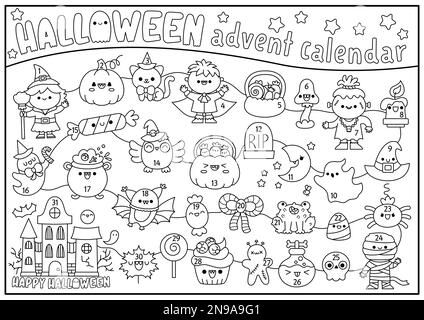 Vettore bianco e nero Halloween calendario avvento con carini personaggi kawaii. Cute autunno tutti i santi giorno colorare pianificatore o labirinto per i bambini. Tric spaventoso Illustrazione Vettoriale