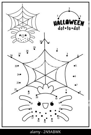 Vettore Halloween dot-to-dot e attività di colore con carino kawaii ragno e web. Vacanze autunnali collegare il gioco dots per i bambini. Tutti i santi giorno colo Illustrazione Vettoriale