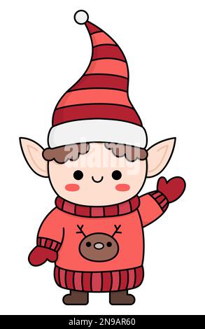 Elfo di kawaii in colore vettoriale in cappello, guanti e maglione. Carino illustrazione di carattere di Natale isolato su bianco. Nuovo anno o inverno nana sorridente. Funn Illustrazione Vettoriale