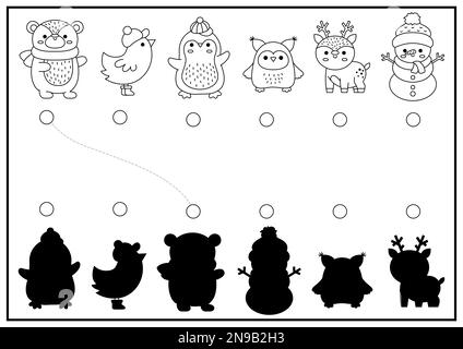 Attività di abbinamento delle ombre bianche e nere di Natale. Inverno vacanza puzzle con carini animali kawaii. Trovare il foglio di lavoro corretto stampabile per la silhouette. Nuovo Y. Illustrazione Vettoriale