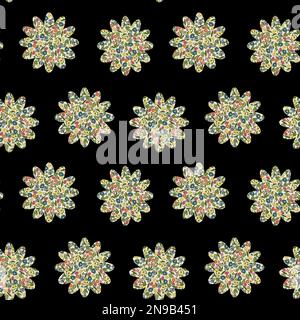 Motivo a mosaico senza cuciture con elementi floreali e forma floreale su sfondo nero. Patchwork su tutta la stampa Foto Stock