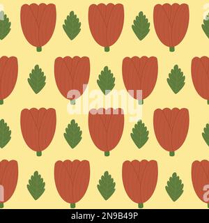 Motivo senza cuciture con tulipani rossi e foglie su sfondo giallo. Carino sfondo floreale. Stampa allover moda Foto Stock