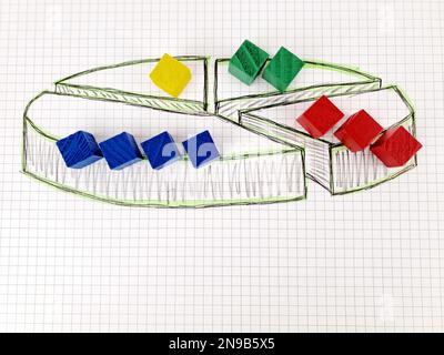 Grafico a torta a ciambelle 3D multicolore astratto su sfondo grafico colorato Foto Stock