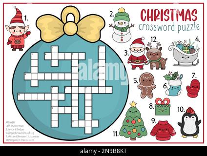 Puzzle di cruciverba a forma di sfera di Natale del vettore per i capretti. Quiz sulle vacanze invernali per i bambini. Attività educativa con simboli kawaii. Cute anno nuovo Engl Illustrazione Vettoriale