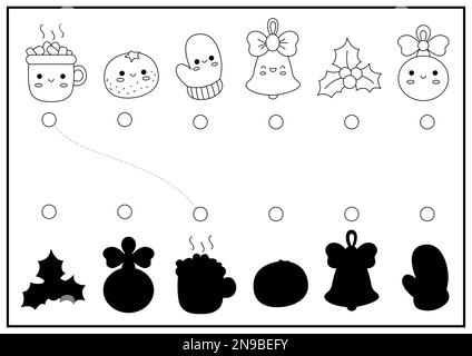Attività di abbinamento delle ombre bianche e nere di Natale. Inverno vacanza puzzle con carino cacao kawaii, arancio, mitten. Trovare la silhouette corretta stampabile WO Illustrazione Vettoriale