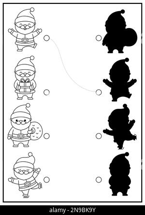 Attività di abbinamento delle ombre bianche e nere di Natale. Inverno vacanza puzzle con carino kawaii Babbo Natale. Trovare il foglio di lavoro corretto stampabile per la silhouette. N Illustrazione Vettoriale