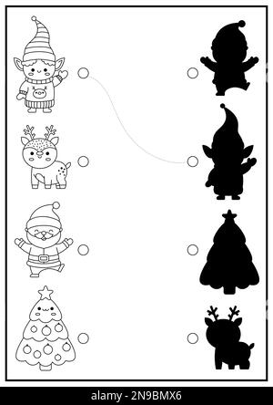 Attività di abbinamento delle ombre bianche e nere di Natale. Inverno vacanza puzzle con carino kawaii Babbo Natale, elfo, cervo, albero. Individuare la corretta stampa della silhouette Illustrazione Vettoriale