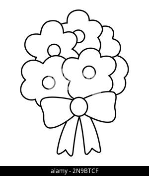 Bouquet vettoriale bianco e nero primavera, estate o matrimonio. Bella illustrazione di linea con fiori di rosa legato con arco. Elemento decorativo floreale o co Illustrazione Vettoriale