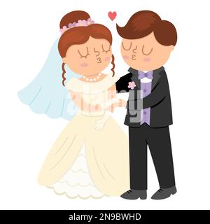 Illustrazione vettoriale con baci sposa e sposo. Coppia appena sposata carina. Icona della cerimonia nuziale. Cartoon scena del matrimonio con coppia appena sposata un Illustrazione Vettoriale