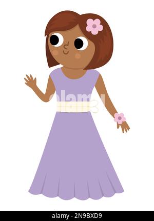 Illustrazione della bridesmaid vettoriale. Cute ragazza pelle scura e capelli in viola vestito con fiore. Icona della cerimonia nuziale. Fumetto ospite matrimonio. Donna elegante Illustrazione Vettoriale